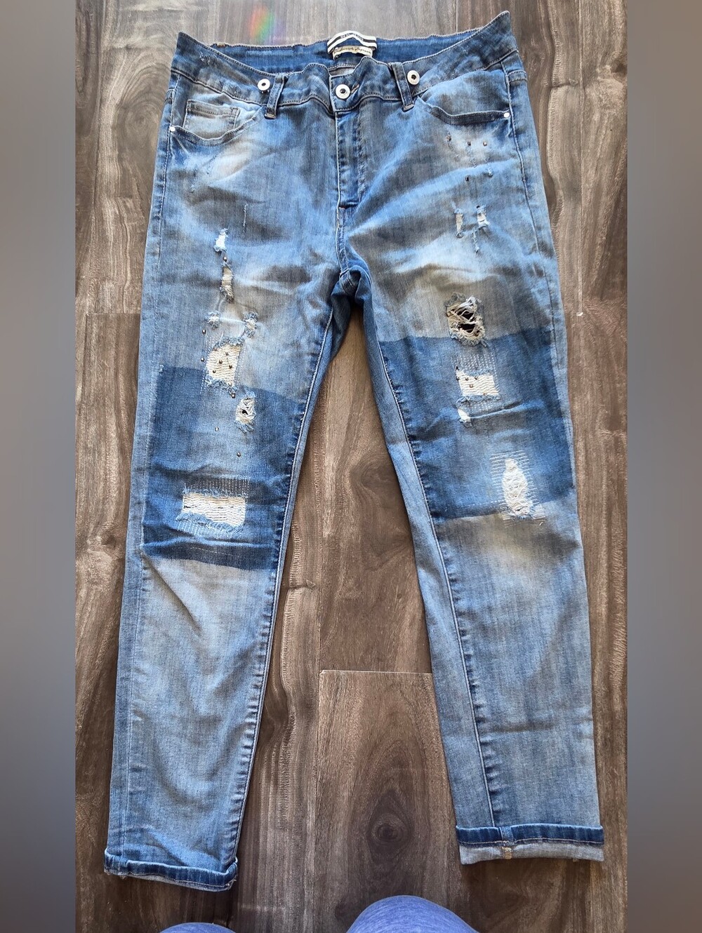 Earl Jeans Womens Slim Straight Distressed Blue Denim
